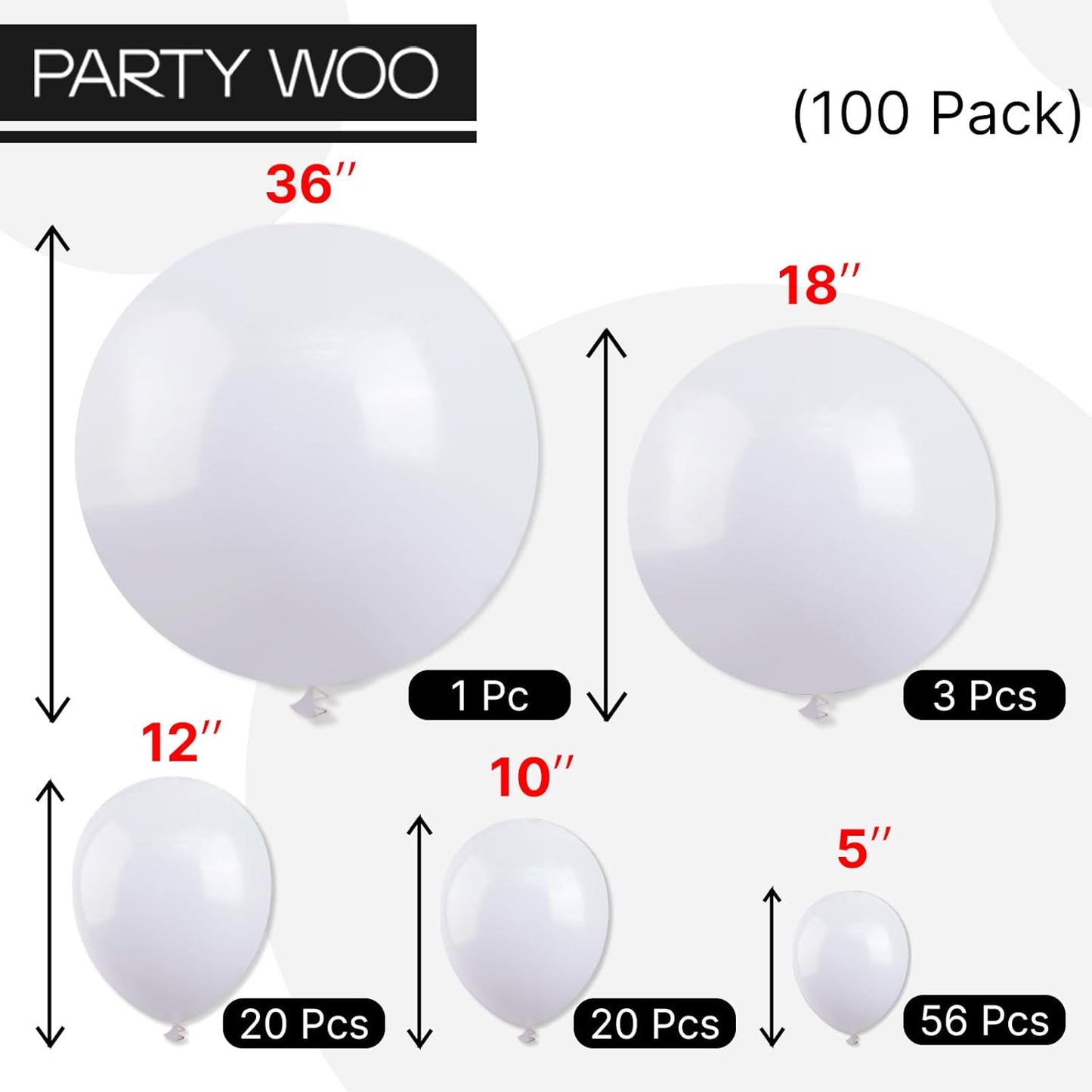 PartyWoo White Balloons 100 pcs Different Sizes Pack of 36 18 12 10 5 Inch Matte White Latex Balloon Arch Kit Garland for Wedding Bridal Graduation Baby Shower Birthday Party Decorations White-Y13