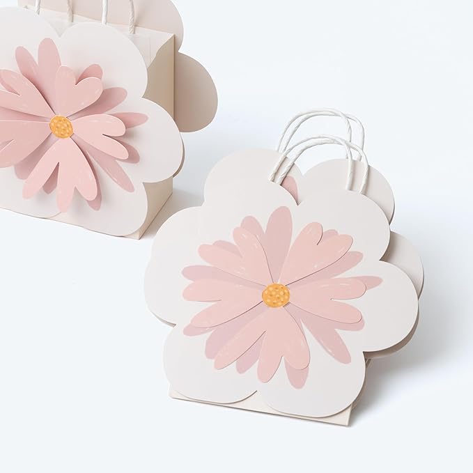 Cheerland Flower Party Favor Bag Pink Daisy Goodie Gift Bags Floral Treat with Handles for Woodland Baby Shower Spring Girls Birthday Wedding Gender Reveal Tea Party Decorations Supplies Pack of 4