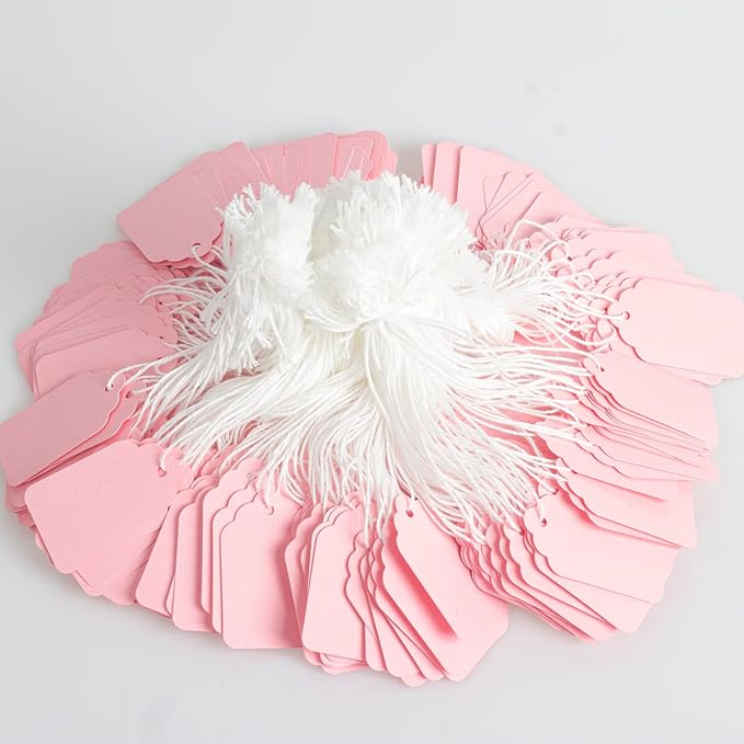 500 Pack Pink Hang Tags with White Cotton Strings Attached –1.88inch x 1.18inch – Bulk Clothing Tags for Retail, Crafting, Events, and Product Branding