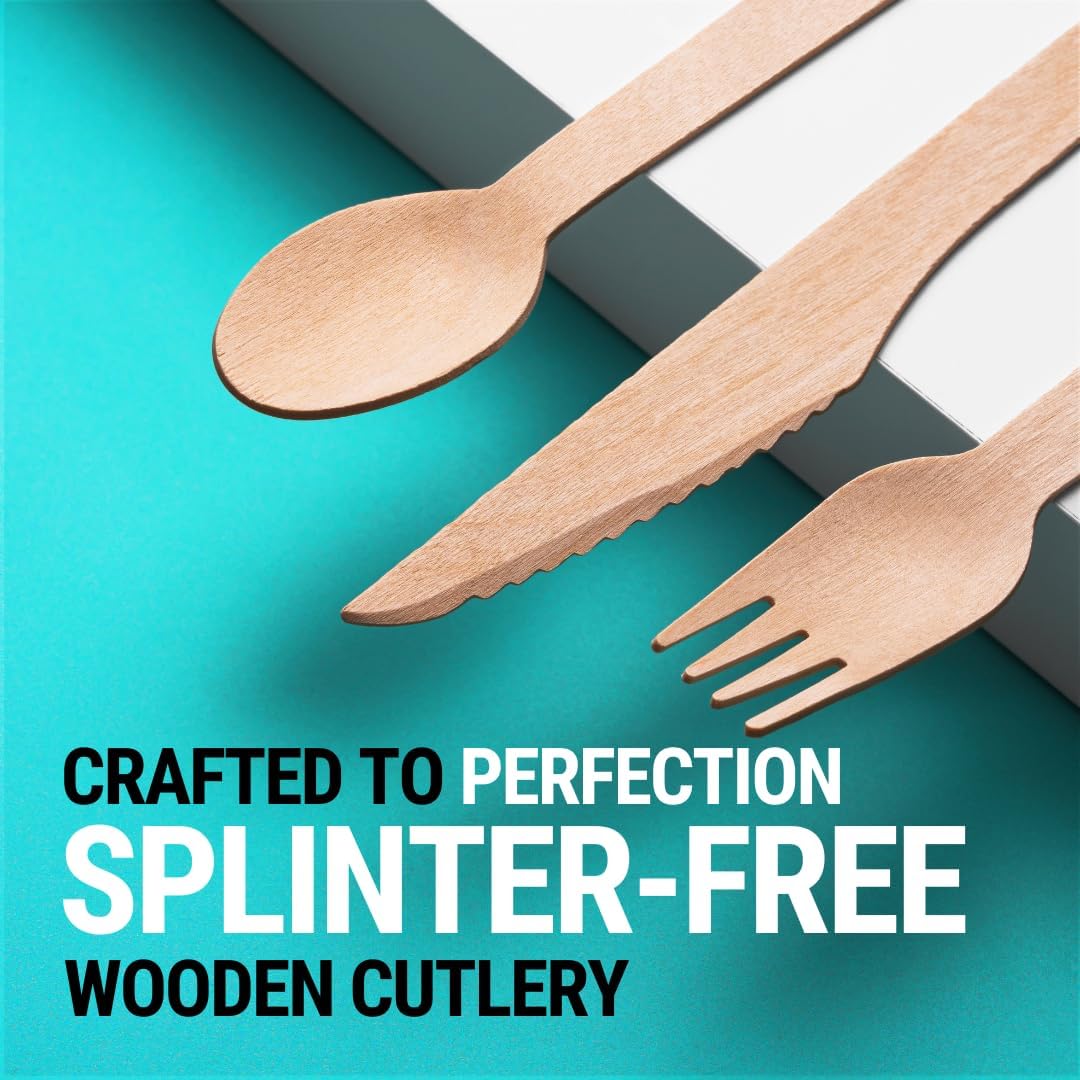 300pcs Disposable Wooden Cutlery Set (150 Forks, 100 Spoons, 50 Knives) Our Heavy Duty Compostable Wood Utensils is FSC Certified Protecting Forests. Zero Plastic Cutlery For Any Occasion