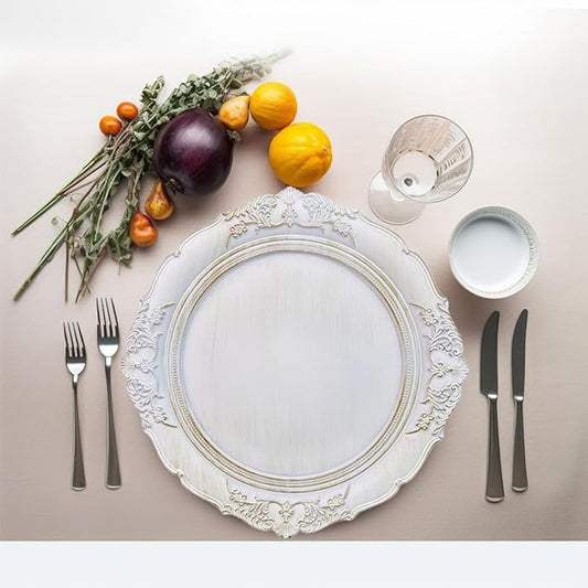 Antique White Charger Plates, 13 Inch Embossed Chargers for Dinner Plates. Plastic Charger for Wedding, Party. (Set of 6)