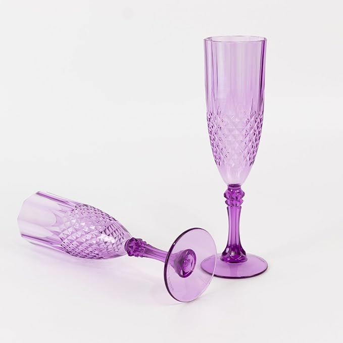 Efavormart 6-Pack Champagne Glasses, 8oz Shatterproof Plastic Crystal Cut Toast Flutes, Purple for Party Celebration Wedding
