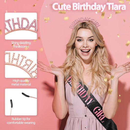 Birthday Crown Birthday Sash for Women, Birthday Girl Sash, Birthday Girl Crown, Glitter Black Birthday Sash and Crown Rhinestone Headband Set, Happy Birthday Girl Princess Tiara Sash Accessories