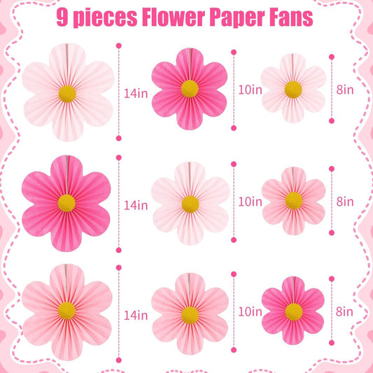 Pink Party Decorations Paper Flowers Decorations for Wall Classroom Paper Fans Floral Backdrop Flower Wall Decor Pack of 9 Pink