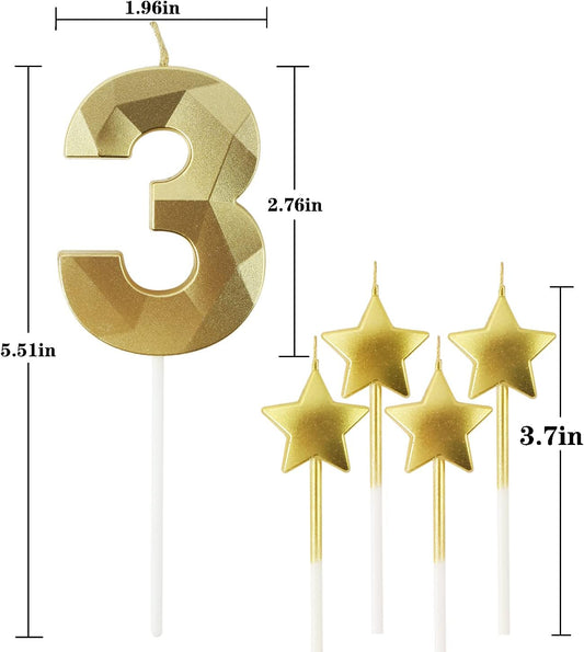 Golden Number 3 Birthday Candles and Star Birthday Candles 2.76 inch Birthday Cake Candles 3D Diamond Shaped Candles are Suitable for Birthday Parties and Anniversary Cake Decorations Candles(Gold 3)
