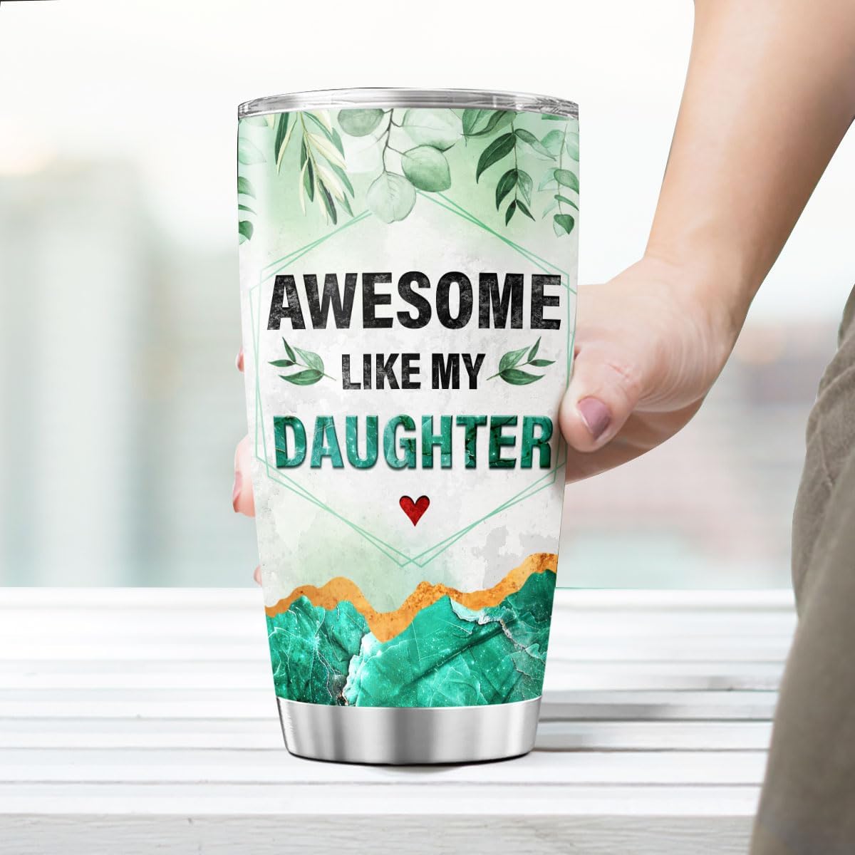 Awesome Like My Daughter Gift Tumbler 20oz, Funny Green Marble Design Insulated Stainless Steel Cup for Dad, Ideal Birthday or Fathers Day Present, Keeps Drinks Hot or Cold