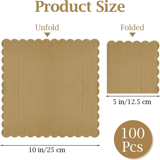 100 Pcs Cocktail Napkins, 2-Ply 5 x 5 Inches Disposable Scalloped Napkins, Thick Premium Dessert Napkins for Party, Wedding, Dinner, Birthday, Anniversary, Festival (Brown)