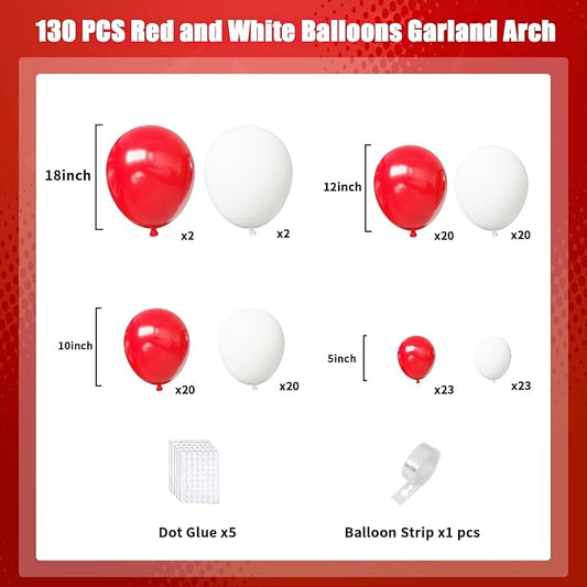 Red and White Balloons Arch Kit,130pcs Red Latex Balloon Garland,Different Sizes White Balloon for Wedding,Mother's Day,Valentine's Day,Birthday,Christmas Party Decorations