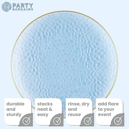 PARTY BARGAINS 13-Inch Charger Plates - 96 Pack, Hammered Blue Gold Rim, Heavy-Duty Disposable Chargers for Elegant Dining - Ideal for Weddings and Formal Events
