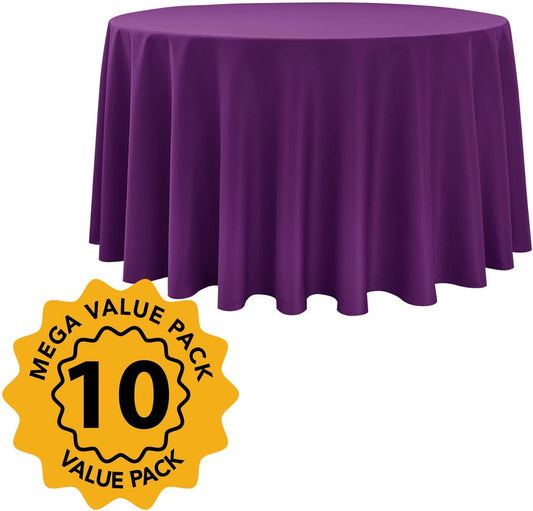 10-Pack Purple Round Tablecloths, 108 Inches, Stain-Resistant Polyester for 4-5 Ft Round Tables - Washable Table Covers for Weddings, Banquets, Birthday Parties, Events