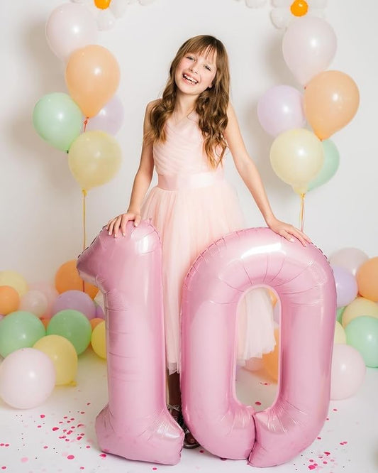 Number Balloon 10th Birthday Decorations, 40 Inch Big Foil Balloon for Men & Women, Pastel Pink Number Balloons for Wedding Memorial Day Birthday Aniversarry Supplies