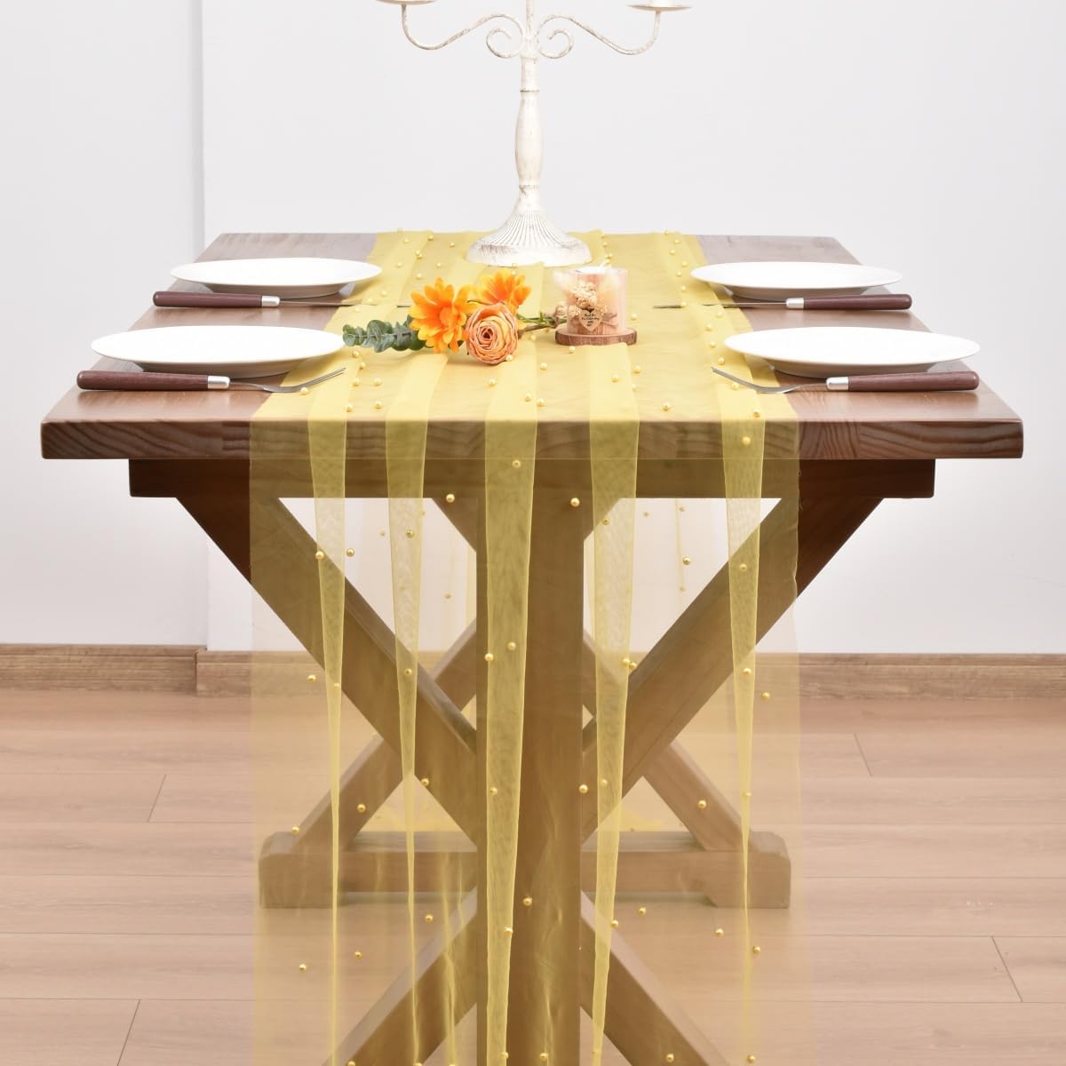 Yellow Pearl Fall Thanksgiving Table Runner Boho Rustic Tulle Lace Table Runner for Baby Shower Wedding Arch Decor Veil Dessert Table Decor 3pcs