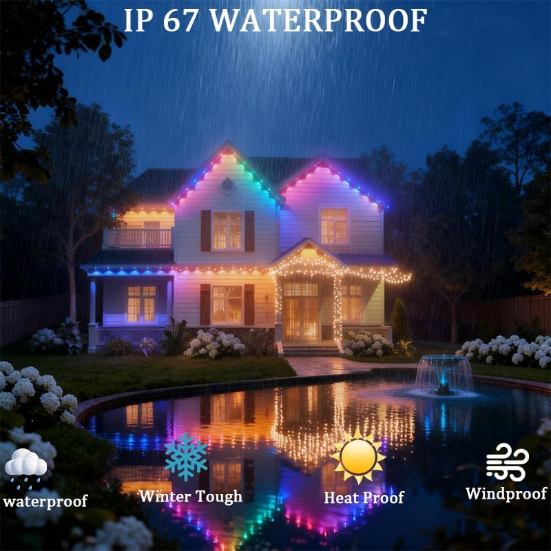 Permanent Outdoor Lights,Smart Outdoor Christmas Lights with IC+RGB 20 LED, IP67 Waterproof Eaves Lighting with 213 Modes for Halloween Christmas Birthday Holiday Party, APP/Remote Control