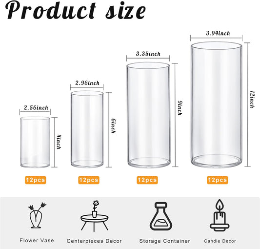 48 Pack Thick Glass Cylinder Vases 4,6,9,12 Inch Tall Clear Flower Vase Hurricane Floating Candle Holder for Table Centerpiece Wedding Home Decor