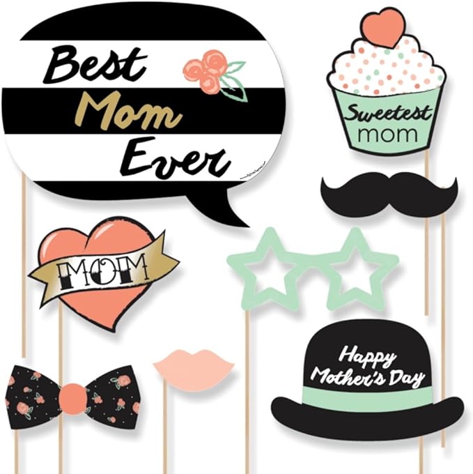 Mother's Day Photo Booth Props Kit - Celebration Set, Premium Cardstock Photo Props with Sticks, DIY Party Decorations - 20 Pieces - Best Mom Ever