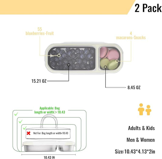 Stainless Steel Snack Containers for Kids Adults, 2 Pack 2 Compartment Metal Snack Containers Box with Lid, Reusable Food Storage Container, Leak Proof, Grab and Go