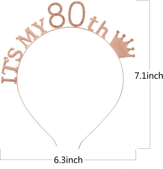 80th Birthday Tiara and Sash for Women, Crystal Headpiece Birthday Crown Party Supplies, Women's Birthday Gifts(Rose Gold)