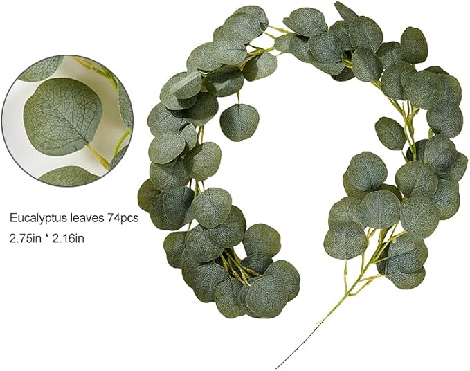 2 Pack Artificial Eucalyptus Garland Faux Silk Leaf Silver Dollar Eucalyptus Leaves Vines Handmade Garland Greenery Wedding Backdrop Indoor Outdoor Arch Wall and Party Home Decoration