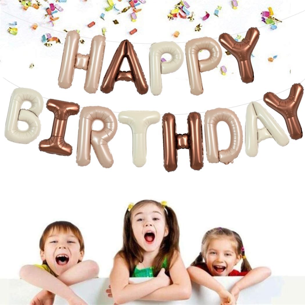 TONIFUL 16 Inch Happy Birthday Decorations Happy Birthday Balloon Banner with Star Balloons Mylar Foil Birthday Party Decorations Supplies(Light Brown Cream Chocolate )