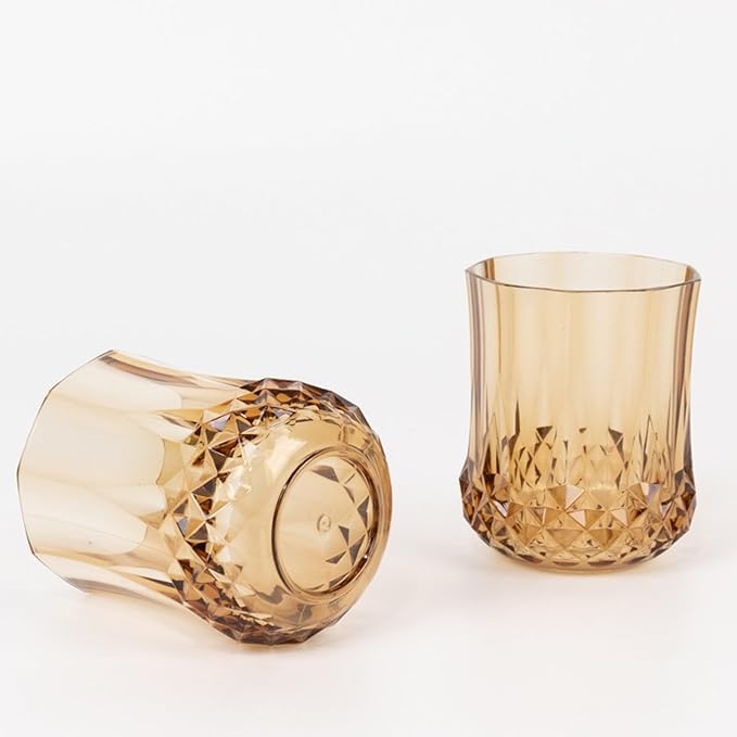Efavormart 6 Pack Amber Gold Crystal Cut Plastic Stemless Wine Glasses, 8oz Shatterproof Reusable All-Purpose Whiskey Cups