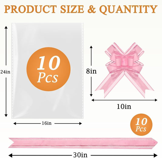 PigPotParty 16"x24" Clear Cellophane Gift Bags - Includes Bows – 10 Pack Cellophane Wrap for Gift Baskets, Plastic Gifts Bags for Gift Giving