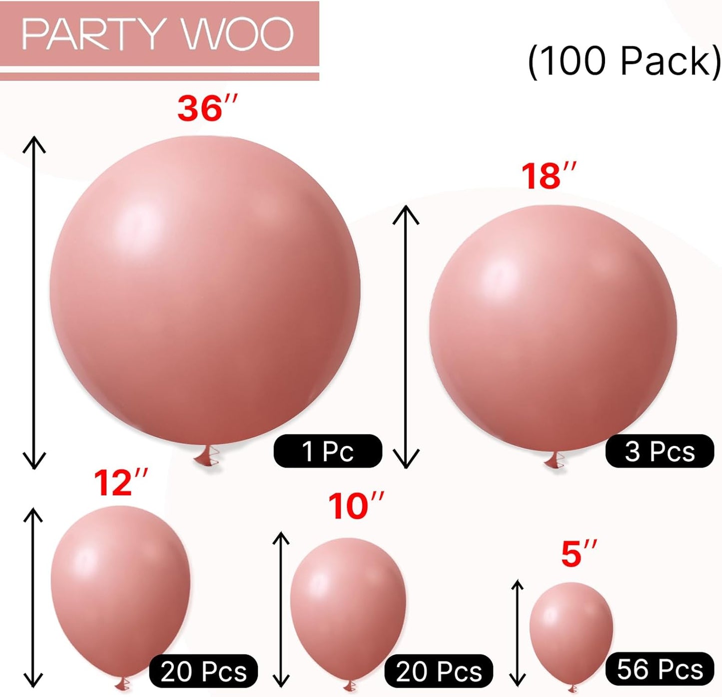 PartyWoo Dusty Pink Balloons 100 pcs Different Sizes of 36 18 12 10 5 Inch Blush Pink Dusty Rose Balloon Arch Kit Garland for Baby Shower Boho Theme Princess Birthday Party Decorations Pink-F01