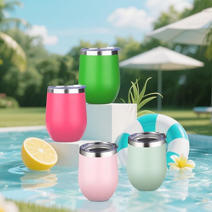 12oz/4 Pack Wine Tumbler Glasses with Lid Stemless Double Wall Vacuum Stainless Steel Travel Tumbler Keeping Cold & Hot for Wine,Coffee,Cocktails,Christmas Drinks-Family and Gifts(Multi color-10)