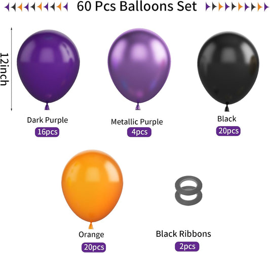 Black Purple Orange Halloween Balloons – 60 Pcs 12 Inch Metallic Latex Balloons for Kids Halloween Birthday Party Indoor Decorations