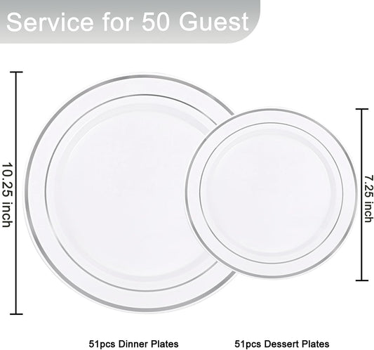 Supernal 102pcs White and Silver Plastic Plates Disaposable Party Plates White Silver Rim Heavy Duty Fancy Silver Plastic Dinnerware Set included 51 Dinner & Dessert Plates for Birthday and Wedding
