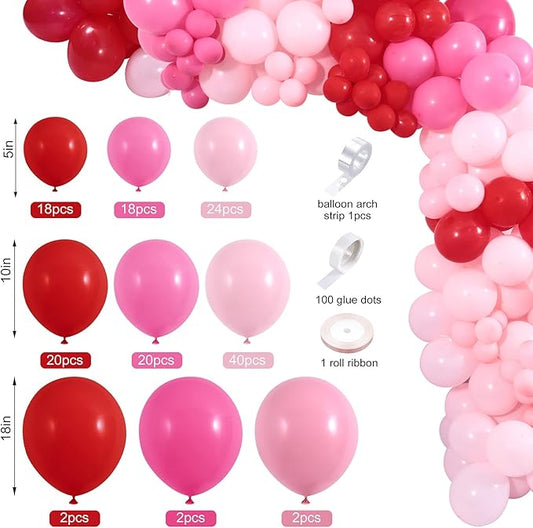 Winrayk 150Pcs Valentine's Day Balloon Garland Arch Kit Pink Red Rose Red Balloons 18" 10" 5" for Women Girls Valentine's Day Mother's Day Wedding Engagement Anniversary Party Decoration Supplies