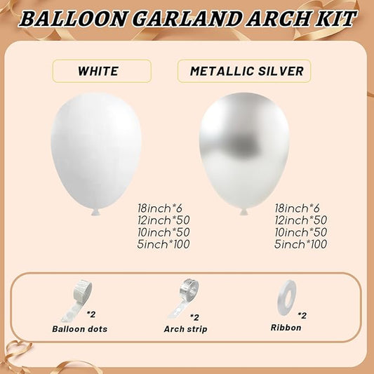 412Pcs White and Silver Balloons Arch Kit, 18 12 10 5 Inch White Metallic Silver Latex Balloon for Wedding Bridal Shower Engagement Anniversary Birthday Party Decorations