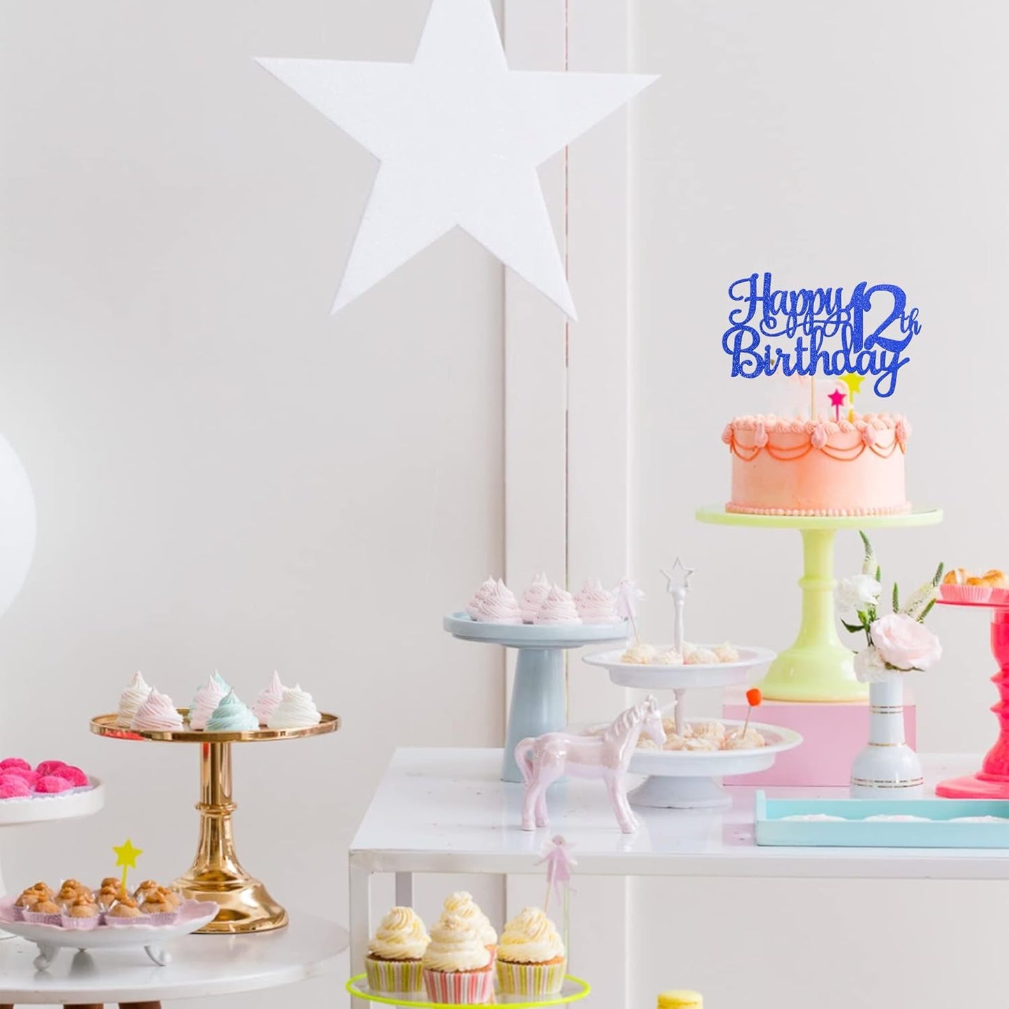 1 PCS Happy 12th Birthday Cake Topper Glitter Cheers to 12 Years Birthday Cake Pick 12 Fabulous Cake Decoration for Happy 13th Birthday Theme Party Decorations Supplies Blue