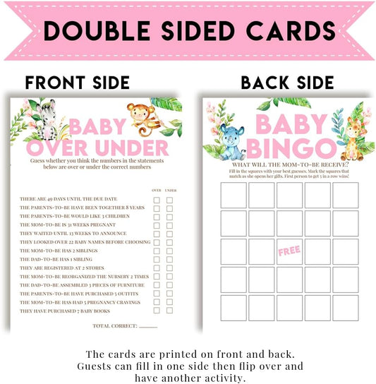 Amanda Creation Baby Shower Games 8 Game Set Watercolor Jungle Animals Girl 80 Double-Sided Cards for 20 Guests. Baby Shower Bingo, Baby Predictions & Activities for Guests. Theme for Girl