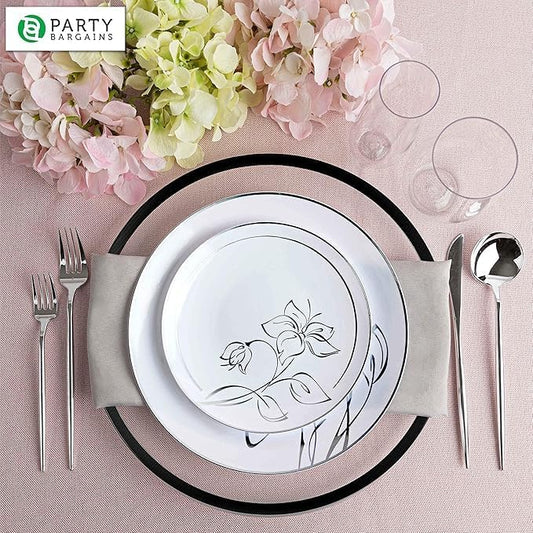PARTY BARGAINS 13-Inch Charger Plates - 96 Pack, Clear Black Rim, Heavy-Duty Disposable Chargers for Elegant Dining - Ideal for Weddings and Formal Events