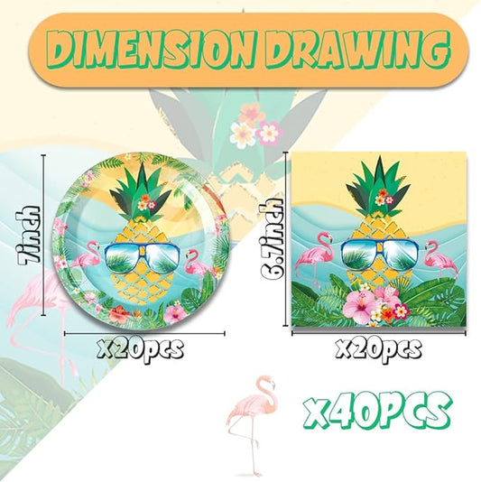 40pcs Fancy Land Flamingo Party Supplies Summer Beach Paper Plates and Napkins Set Pineapple Summer Hawaiian Tableware for 20 Guests