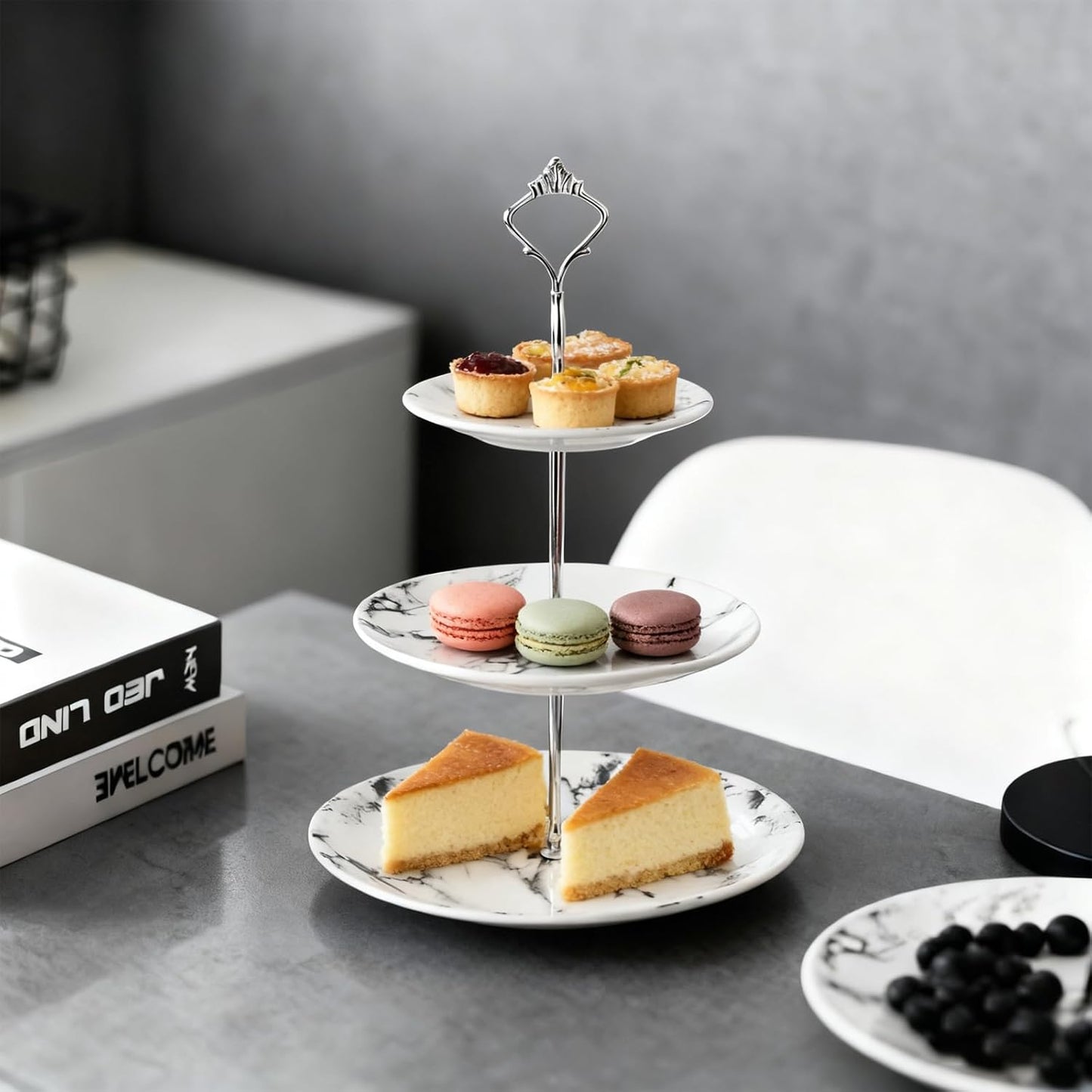 3 Tier Porcelain Cupcake Stand, Marble Pattern Tiered Serving Tray Cake Stand, Dessert Display Holder for Wedding Party Birthday and Home Décor