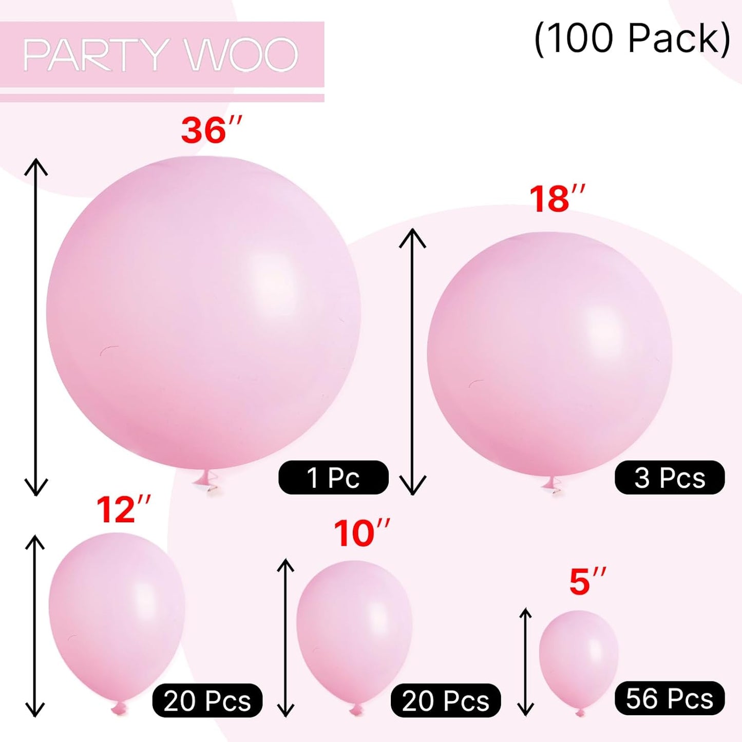 PartyWoo Pink Balloons 100 pcs Light Pink Balloons Different Sizes Pack of 36 18 12 10 5 Inch Pastel Pink Balloon Arch Kit Baby Pink Balloon Garland for Baby Shower Birthday Party Decorations Pink-Q05