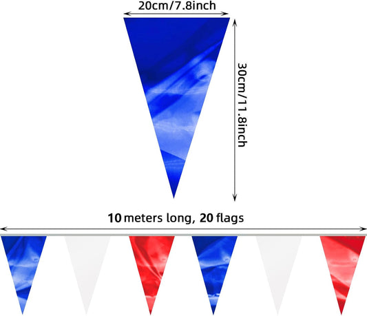 65FT White Blue Red Glitter Triangle Pennant Banner Flag Metallic Bunting Fabric Garland for Christmas Graduation, Independence Day, 4th of july, Patriotic Themed Party Decoration
