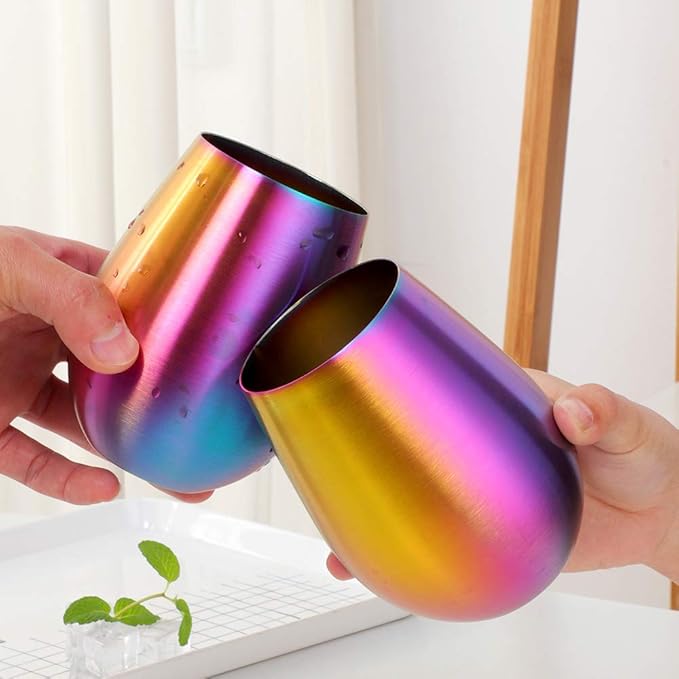 Buyer Star 304 Stainless Steel Wine Glasses Set of 2 - Large 17 oz Outdoor Stemless Wine Tumblers - 100% Unbreakable & Stemless Metal Drinking Cups for Home and Outdoors (RoseGold&Rainbow)