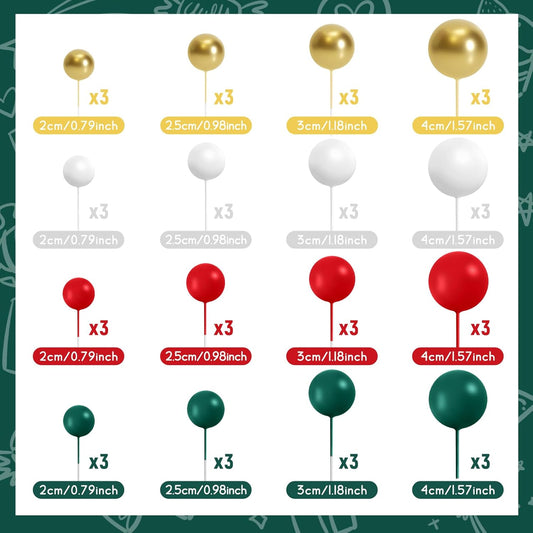 48 Pcs Balls Cake Topper Decorations Balloon Cupcake Toppers Foam Cake Topper Balls Cake Balls Decorations for Christmas Birthday Party Wedding Cake Decorating(Green,Red,White,Gold)
