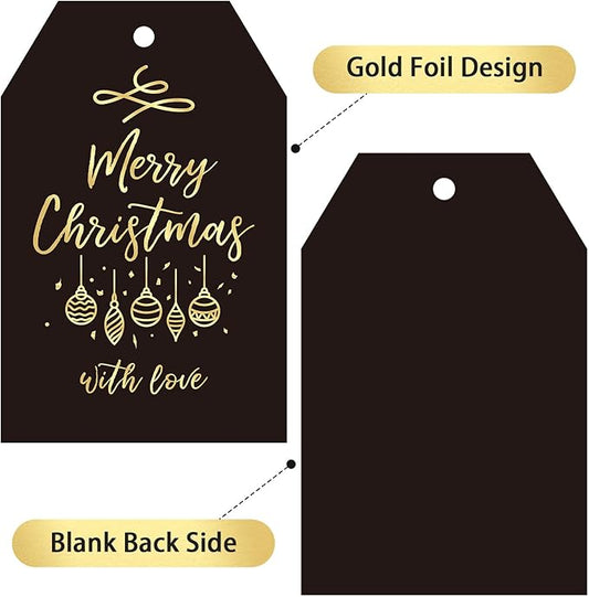 Anwyll Christmas Gift Tags with String - 50Pcs Gold and Black Merry Christmas with Love Tags for Gifts Xmas Gift Tag Happy Holidays Hang Paper Label Tag for Present Wrap Goodie Bag Holiday Party Favor