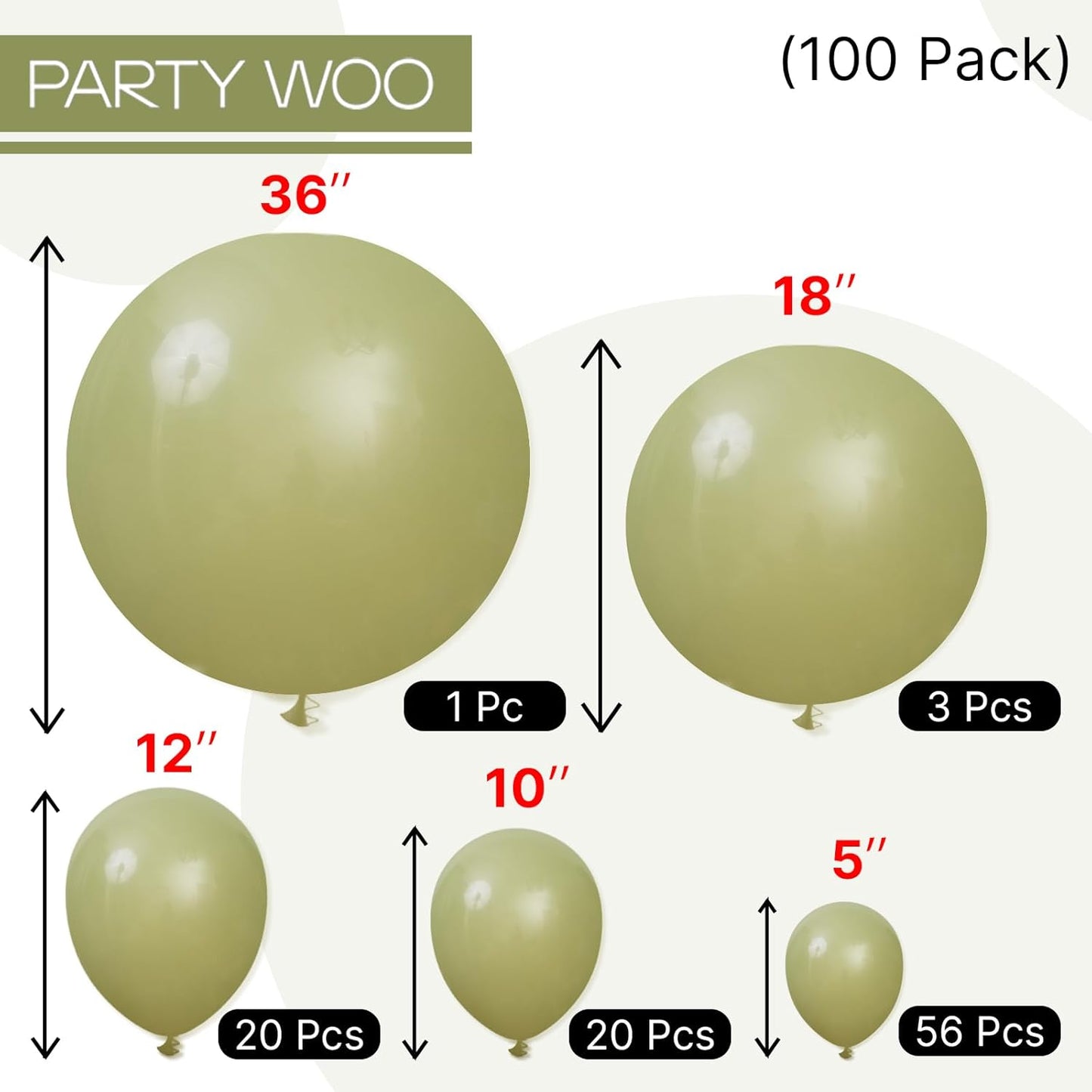 PartyWoo Sage Green Balloons 100 pcs Olive Balloons Different Sizes Pack of 36 18 12 10 5 Inch Olive Green Balloon Arch Kit Sage Balloon Garland for Baby Shower Birthday Party Decorations Green-F11