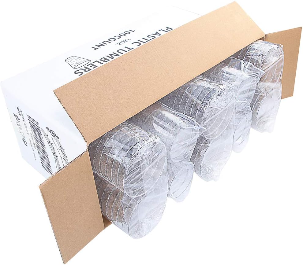 WDF 100 PACK Silver Glitter Plastic Disposable Cups - 12 Oz, BPA-Free, Heavy Duty, Ideal for Christmas Parties, Weddings, Daily Use