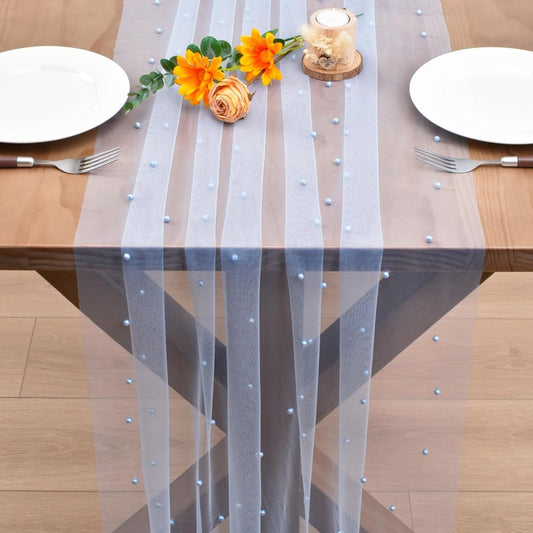 Blue Pearl Fall Thanksgiving Table Runner Boho Rustic Tulle Lace Table Runner for Baby Shower Wedding Arch Decor Veil Dessert Table Decor 3pcs