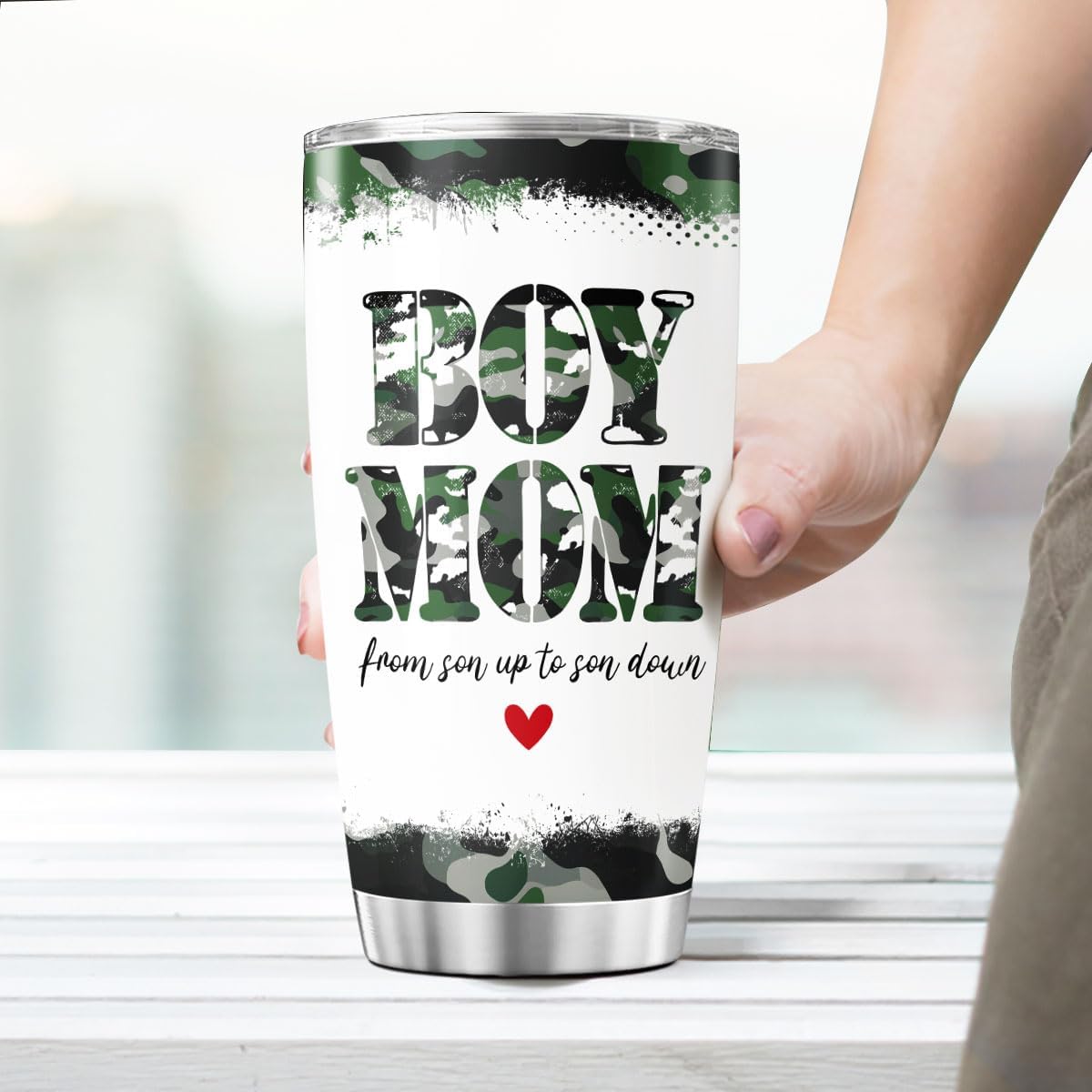 Boy Mom Camouflage Gift 20oz Insulated Stainless Steel Tumbler, Funny Camo Travel Cup for Mothers from Son, From Son Up to Son Down Quote, Vacuum Mug for Coffee, Water, or Outdoor