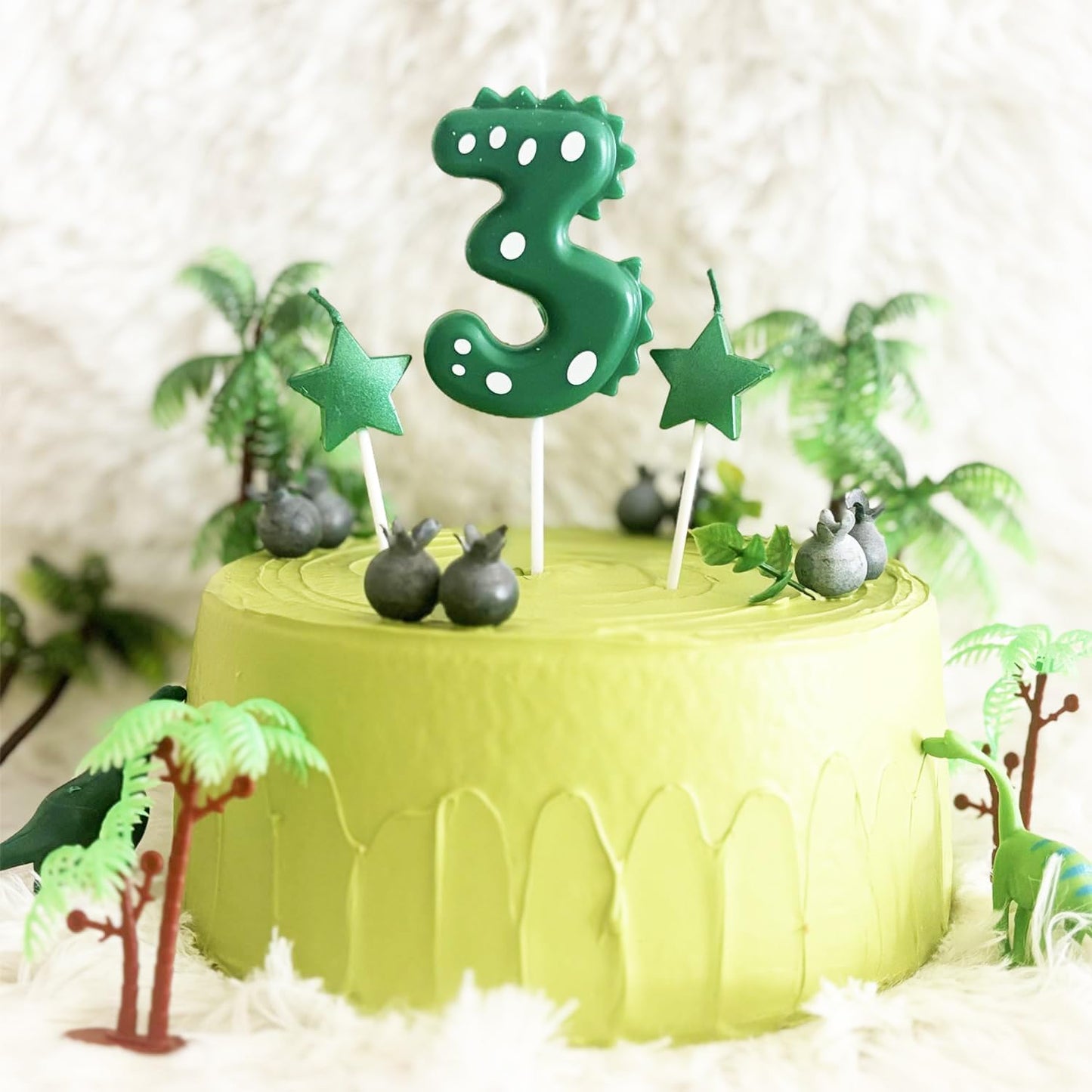 2.75 Inch Green Dinosaur Shaped 3 Number Birthday Candles and Star Birthday Candles,Suitable for Dinosaur Birthday Decorations & Themed Parties Celebration