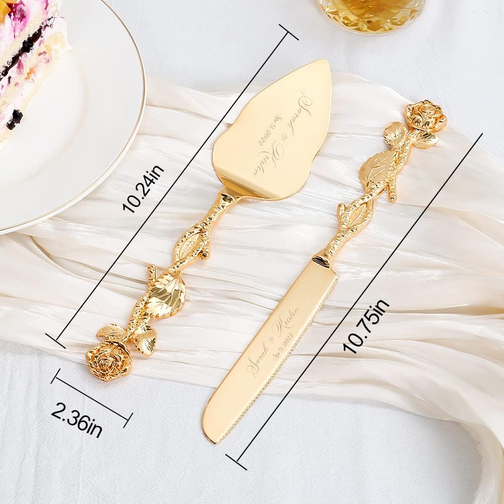 Cake Cutting Set for Wedding, Personalized Gold Cake Knife and Server Set, Custom Cake Serving Set, Engraved Pastry Pie Server Cake Pizza Cutter, Birthday Bridal Gift (CUS-Rose)
