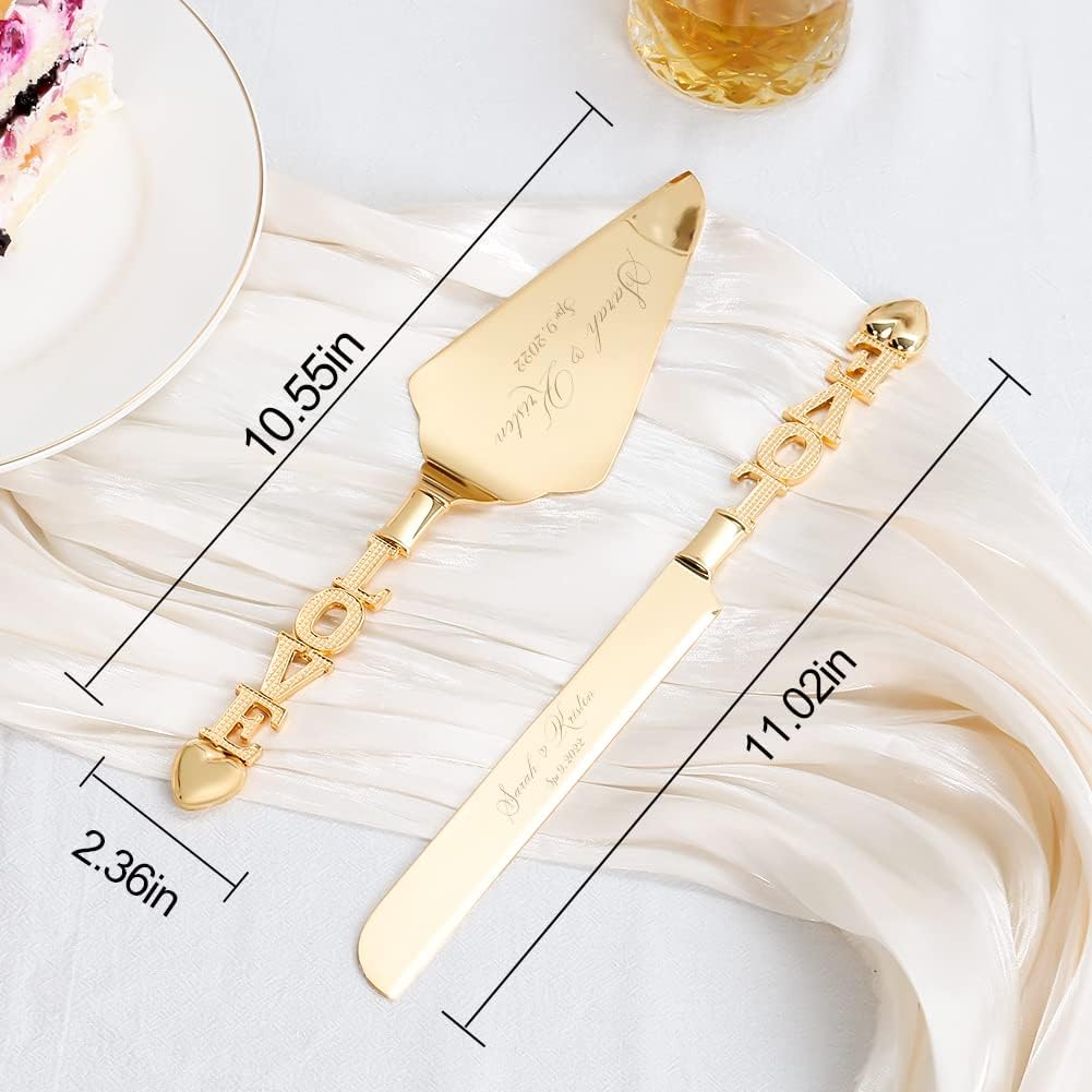 Wedding Cake Knife and Server Set, Personalized Gold Cake Cutting Set for Wedding, Engraved Classic Cake Knives Cutter Set, Pie Server, Birthday Bridal Quinceañera Gift (CUS-Love)