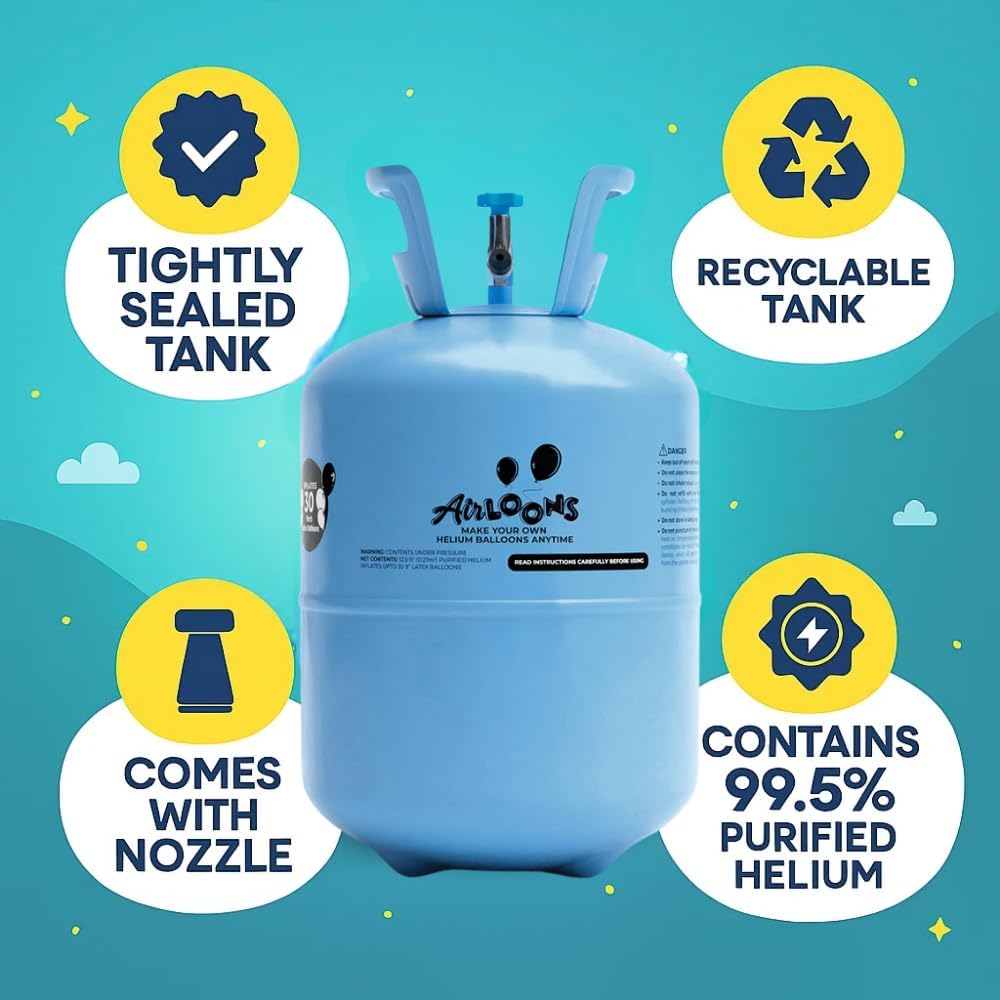 Airloons Helium Balloon Kit – 3 Tanks + 90 Multicolor 9" Latex Balloons, Ribbon & Nozzle for Parties & Events