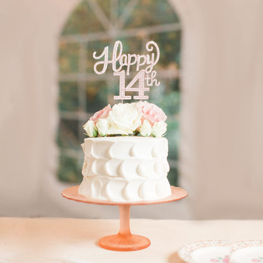 LASKYER Happy 14th Birthday Rose Gold Rhinestone Cake Topper - 14th Birthday/Anniversary,Cheers to Fourteen Years Old Bday Party Metal Sparkly Centerpieces Decorations.